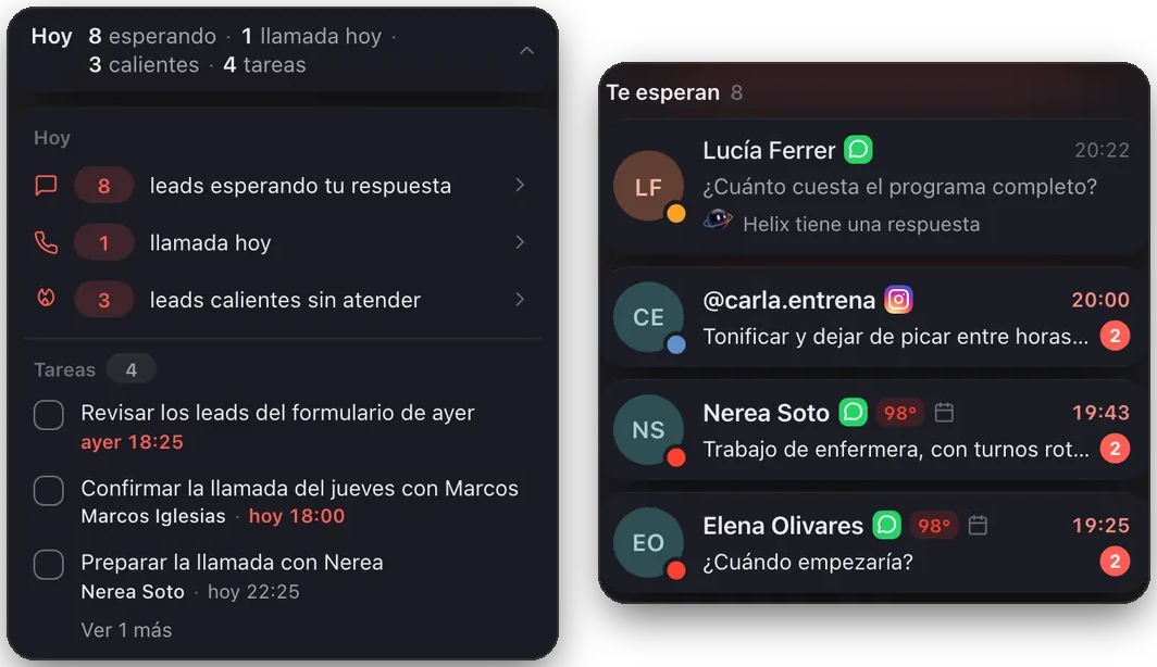 Bandeja de Helix: ocho leads esperando respuesta, una llamada hoy y tres leads calientes